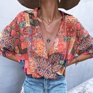 Boho Floral Print Tribal Oversized Blouse Red 90s